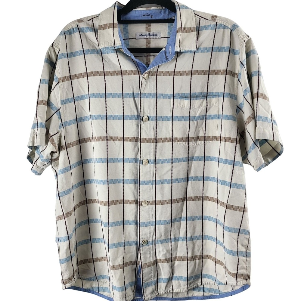 Tommy Bahama Button Front Shirt L Mens White Blue Brown‎ Short Sleeve 100% Silk